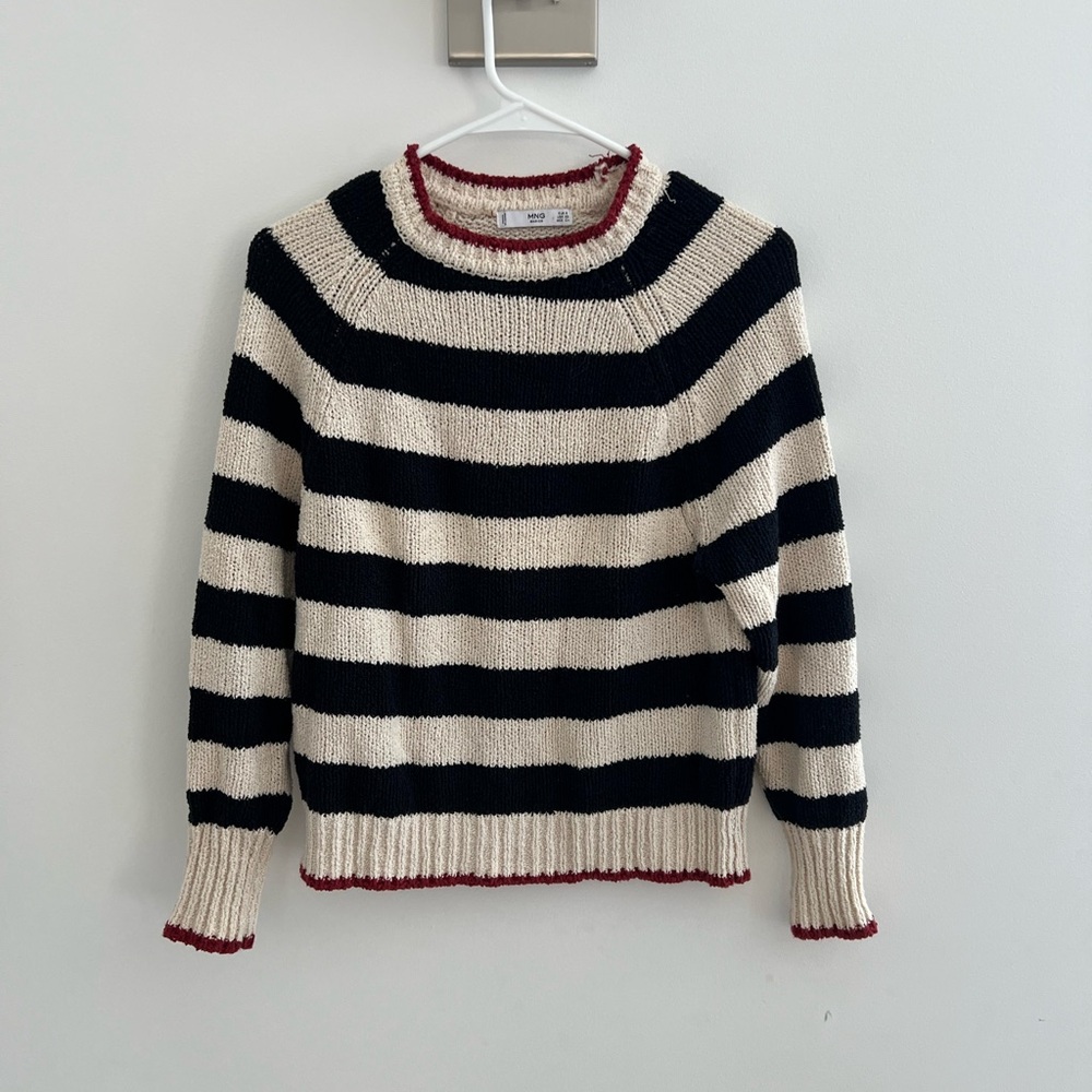Mango Black and Cream Crew Neck Sweater with Nautical Stripes